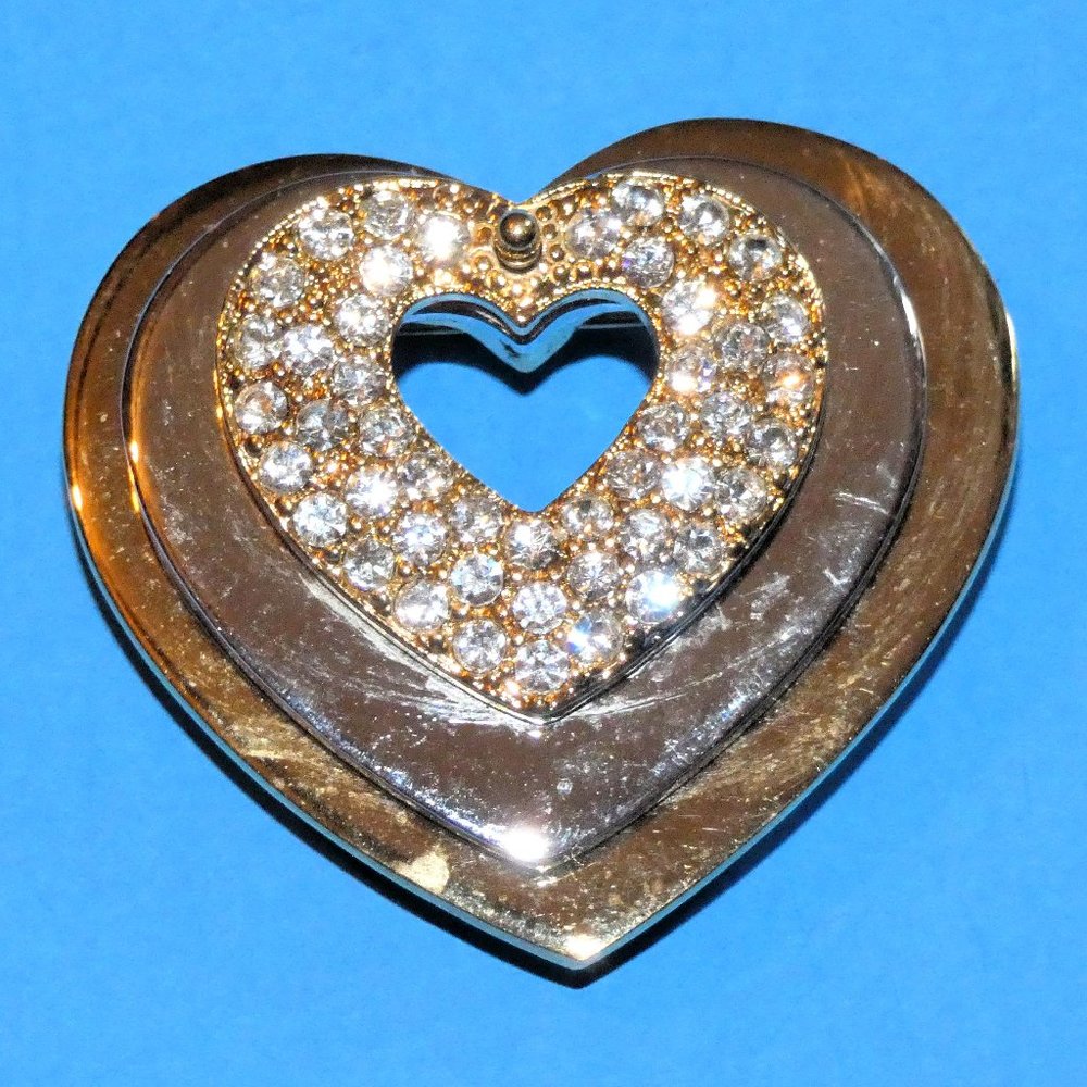 Vintage ELLEN KIAM Heart Brooch Pin Movable Hearts Rhinestone Gold Tone Signed